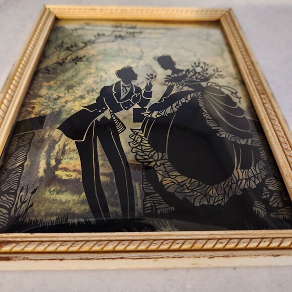Vintage Silhouette Courting Couple Art Reverse Painted Convex Glass Princesscore - Picture 7 of 8